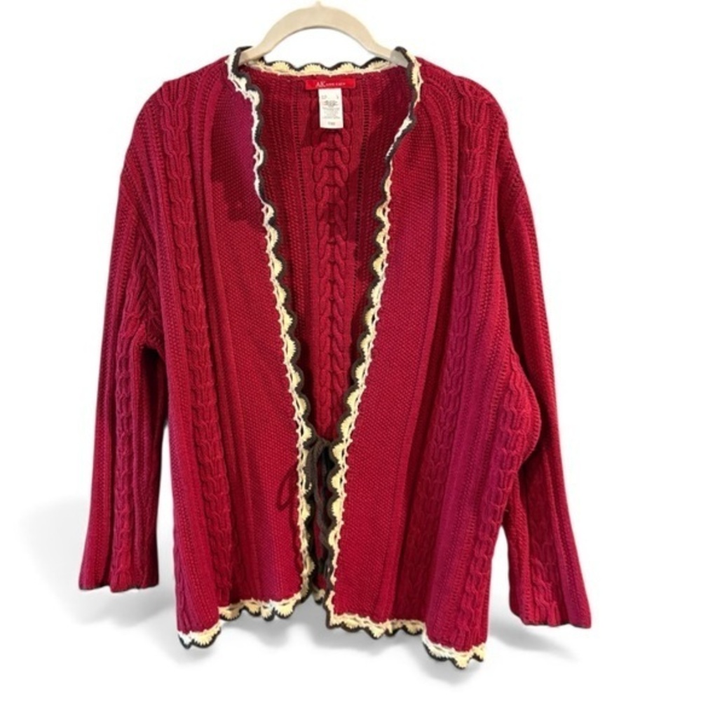 Anne Klein Cable Knit Cardigan Sweater Burgundy Cream Brown Tie Size Large
